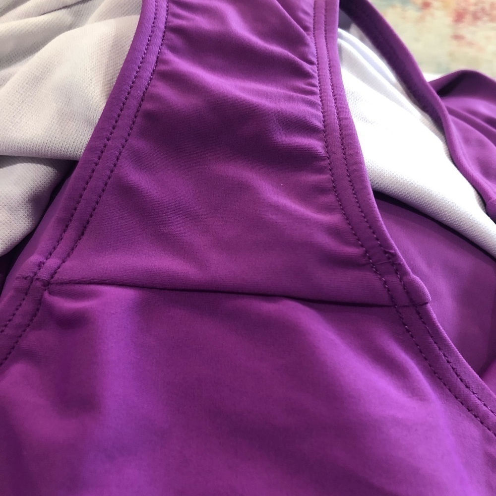 Cabana Beach Size M(12) purple one piece swimsuit. Ruching crisscross straps - Picture 10 of 10